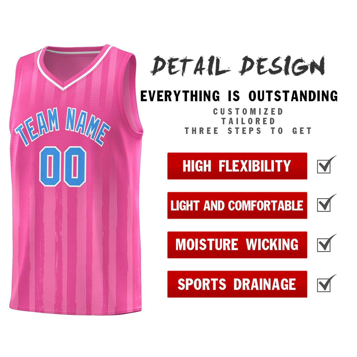 Custom Pink Powder Blue Vertical Striped Pattern Sports Uniform Basketball Jersey