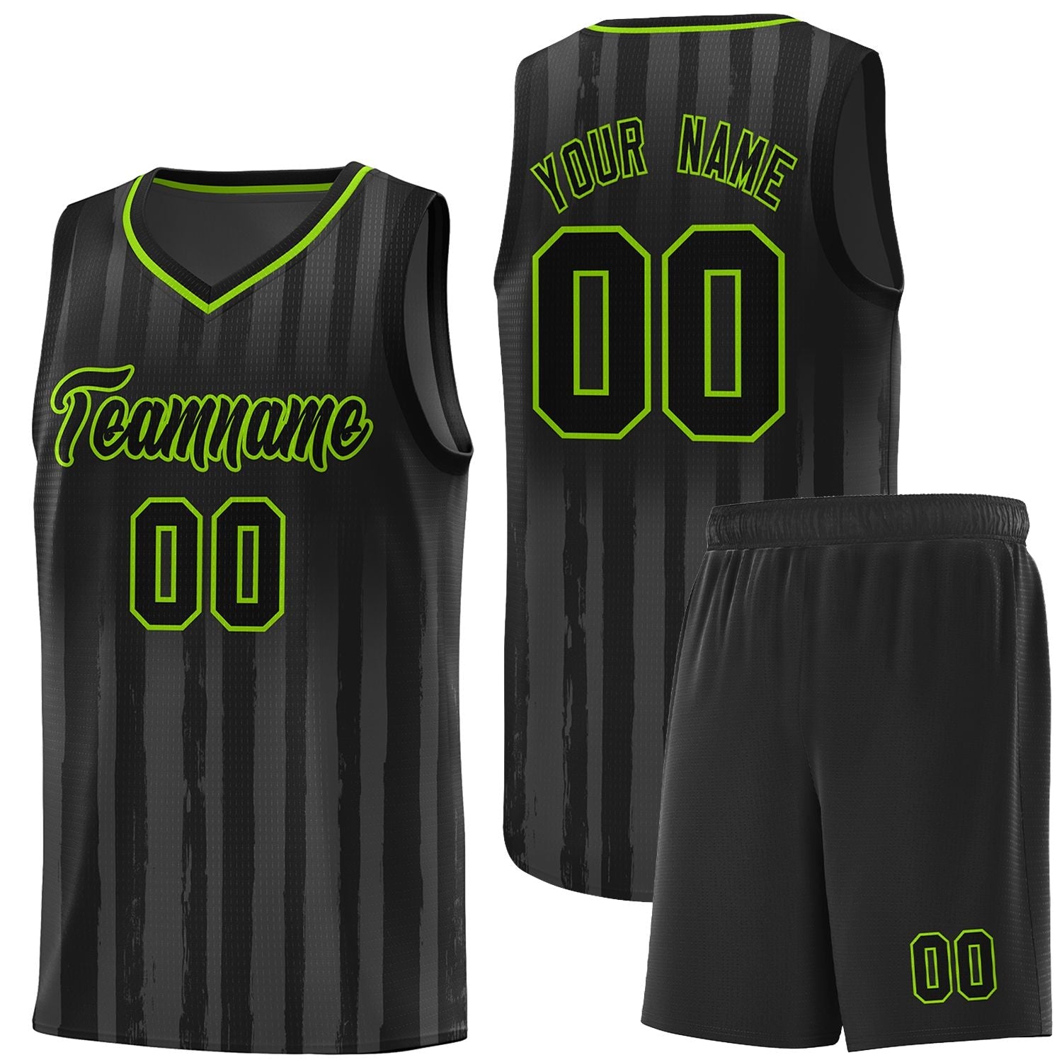 Custom Black Neon Green Vertical Striped Pattern Sports Uniform Basketball Jersey