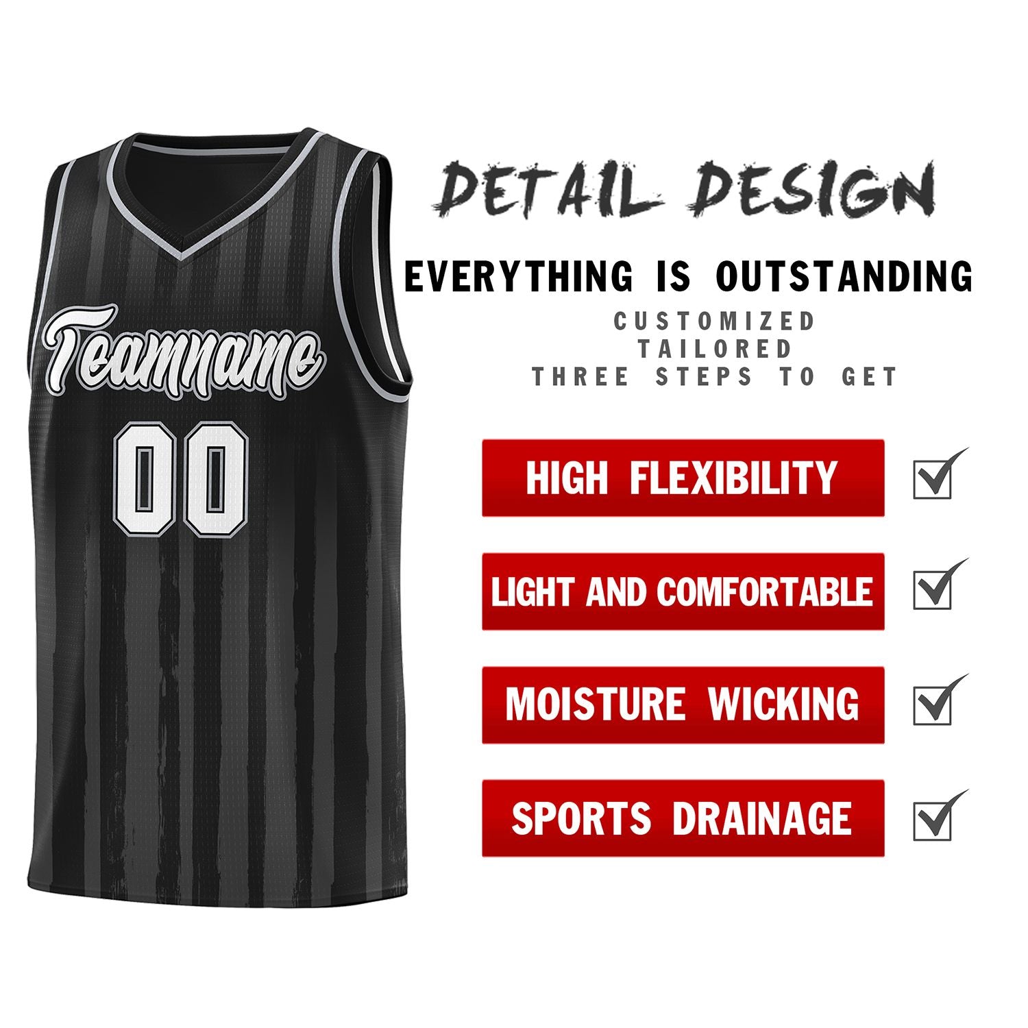 Custom Black White Vertical Striped Pattern Sports Uniform Basketball Jersey