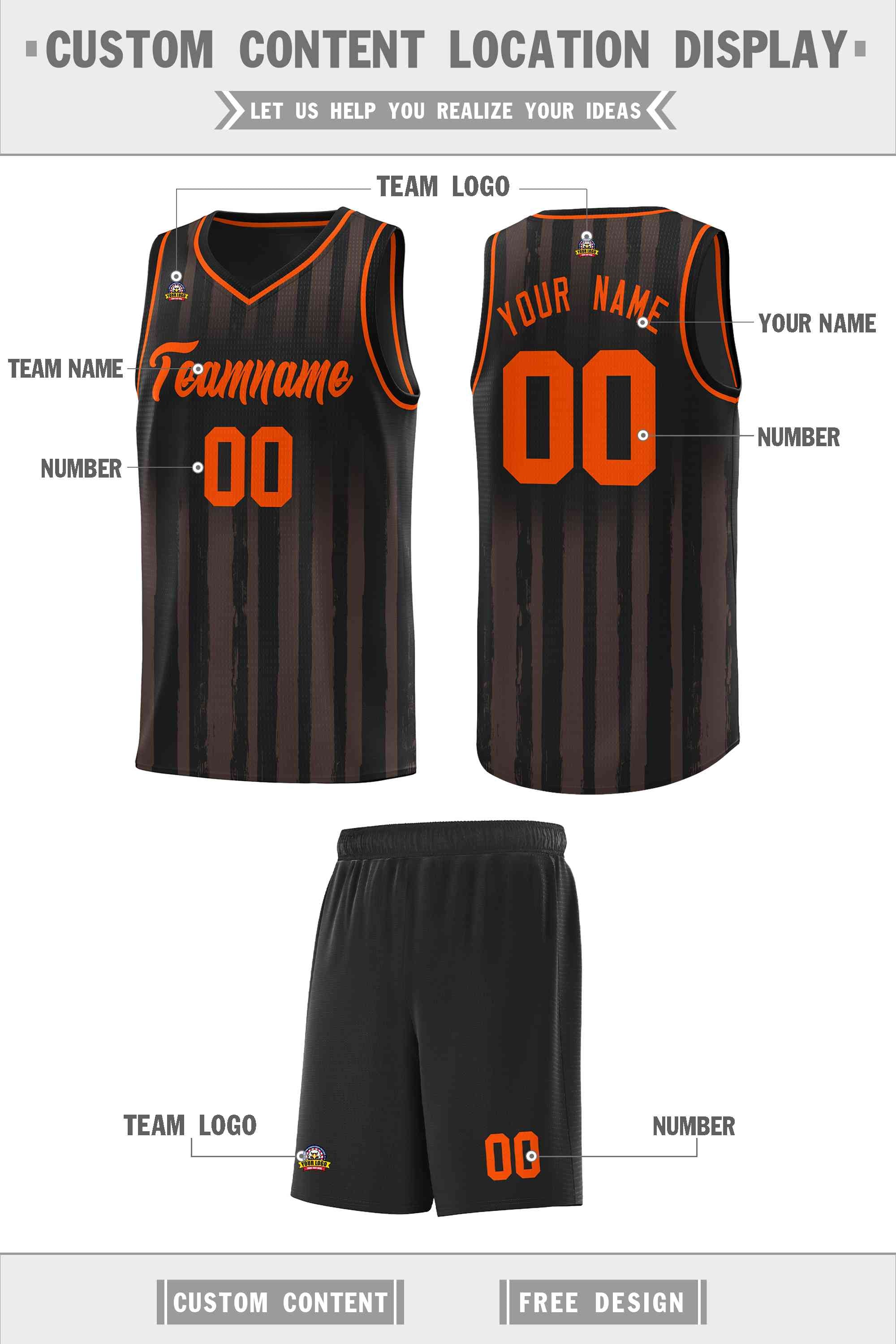 Custom Black Orange Vertical Striped Pattern Sports Uniform Basketball Jersey