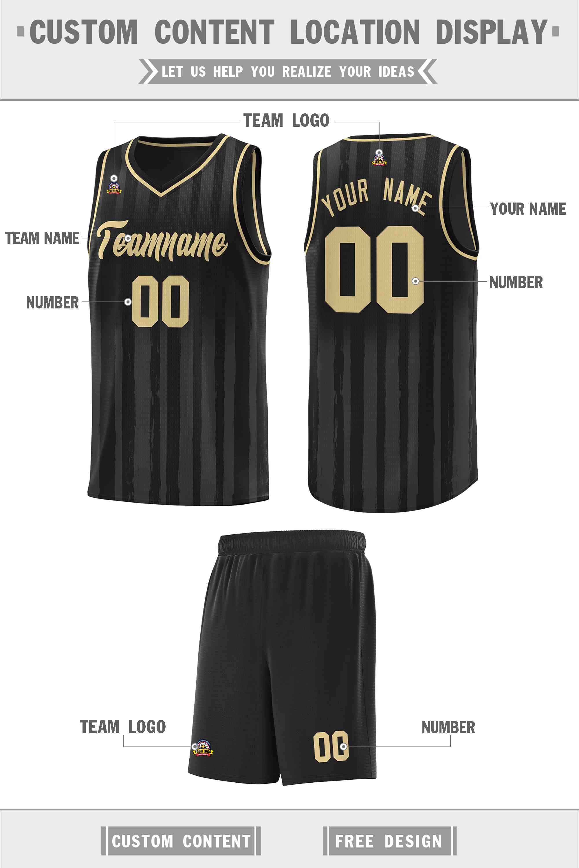 Custom Black Khaki Vertical Striped Pattern Sports Uniform Basketball Jersey