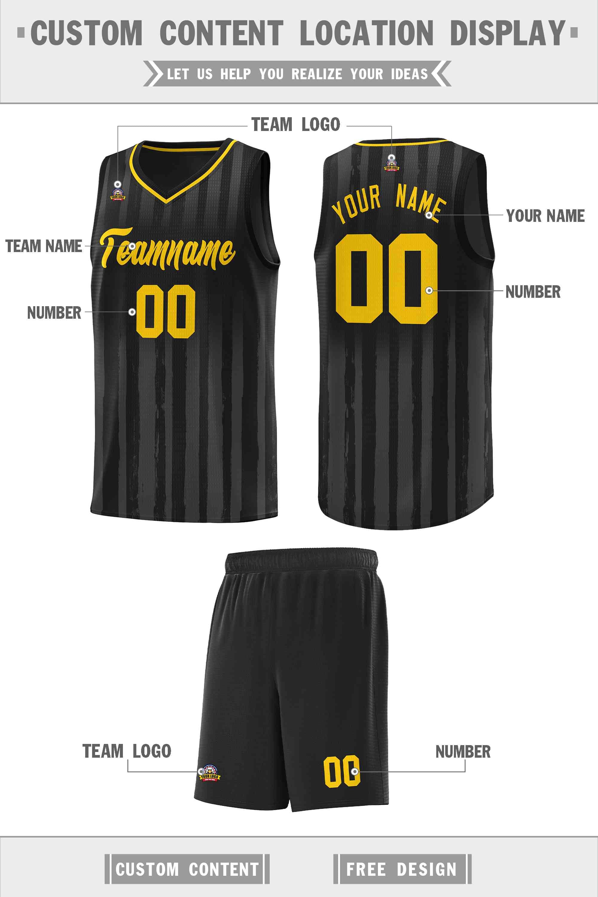 Custom Black Gold Vertical Striped Pattern Sports Uniform Basketball Jersey