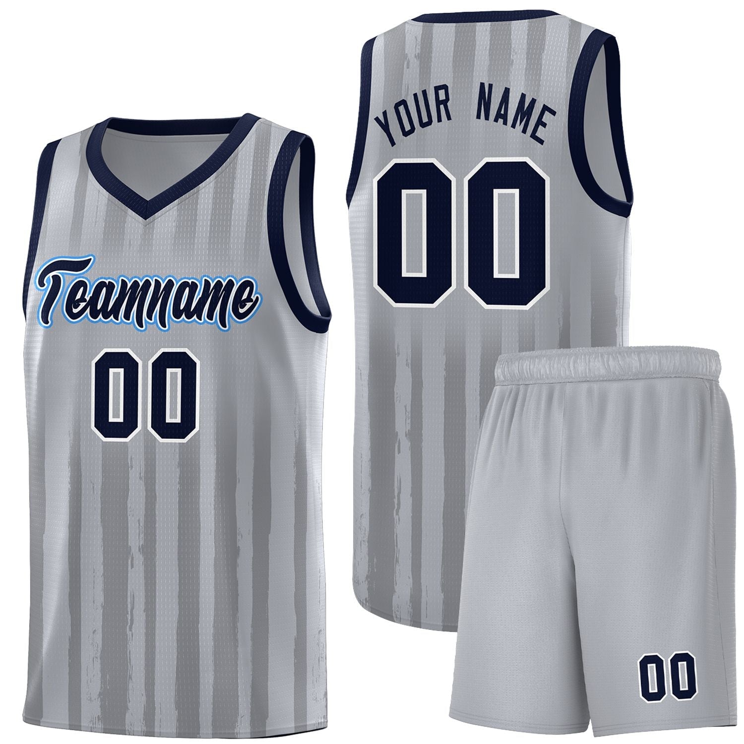 Custom Gray Navy Vertical Striped Pattern Sports Uniform Basketball Jersey