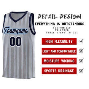 Custom Gray Navy Vertical Striped Pattern Sports Uniform Basketball Jersey