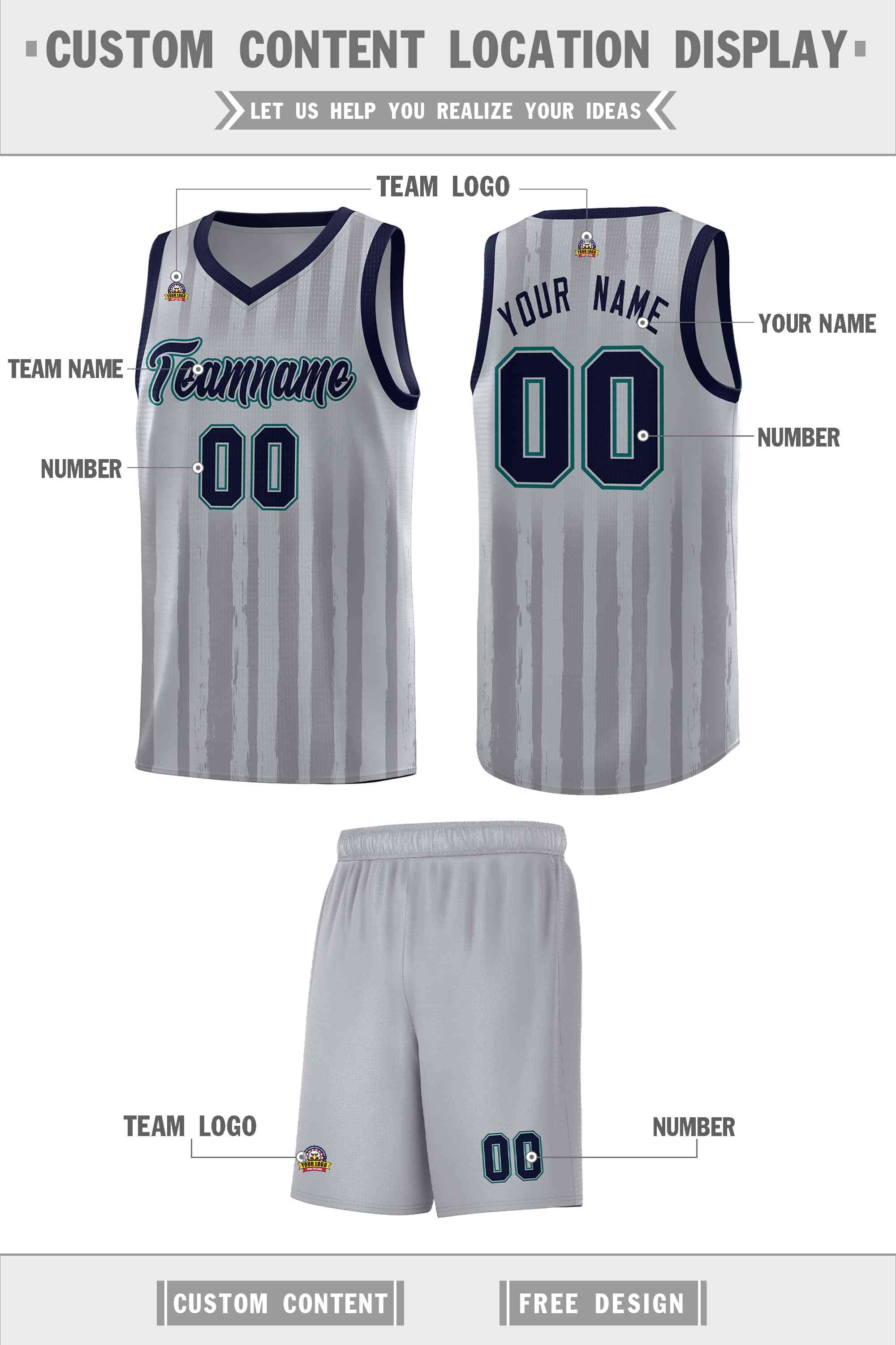 Custom Gray Navy Vertical Striped Pattern Sports Uniform Basketball Jersey