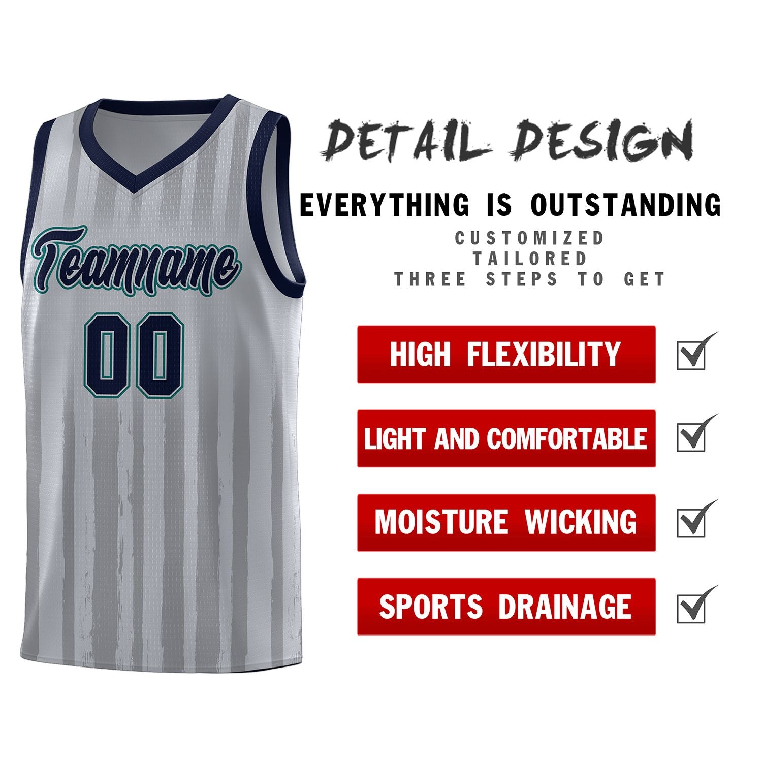 Custom Gray Navy Vertical Striped Pattern Sports Uniform Basketball Jersey