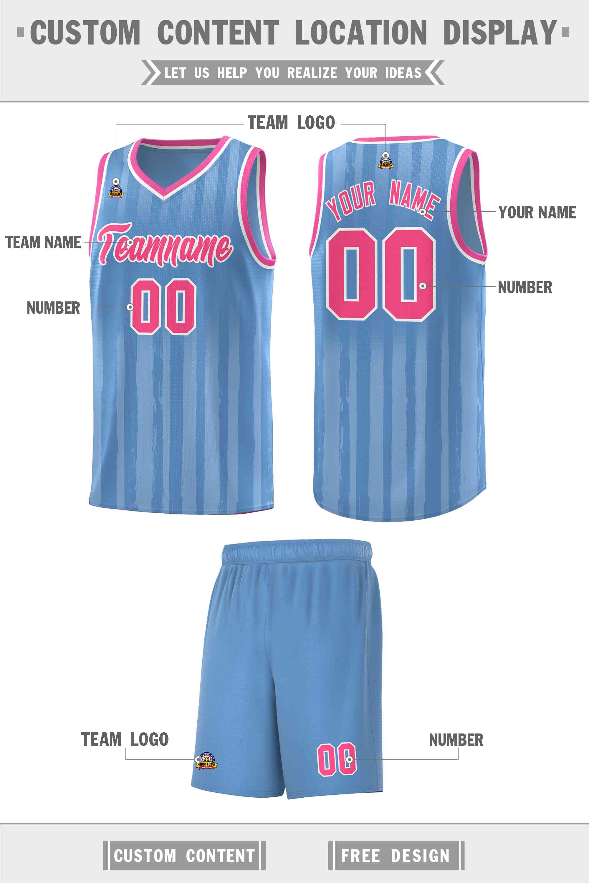 Custom Light Blue Pink Vertical Striped Pattern Sports Uniform Basketball Jersey