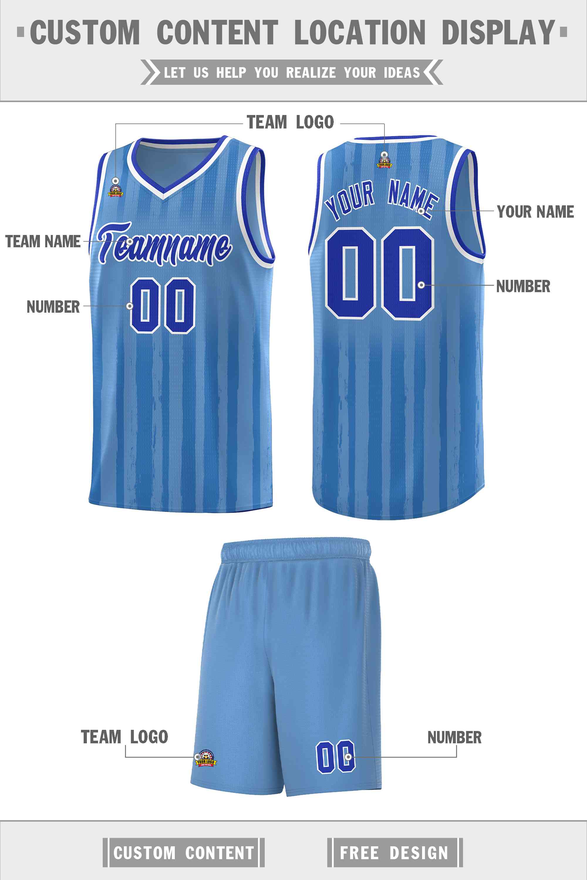 Custom Light Blue Royal Vertical Striped Pattern Sports Uniform Basketball Jersey