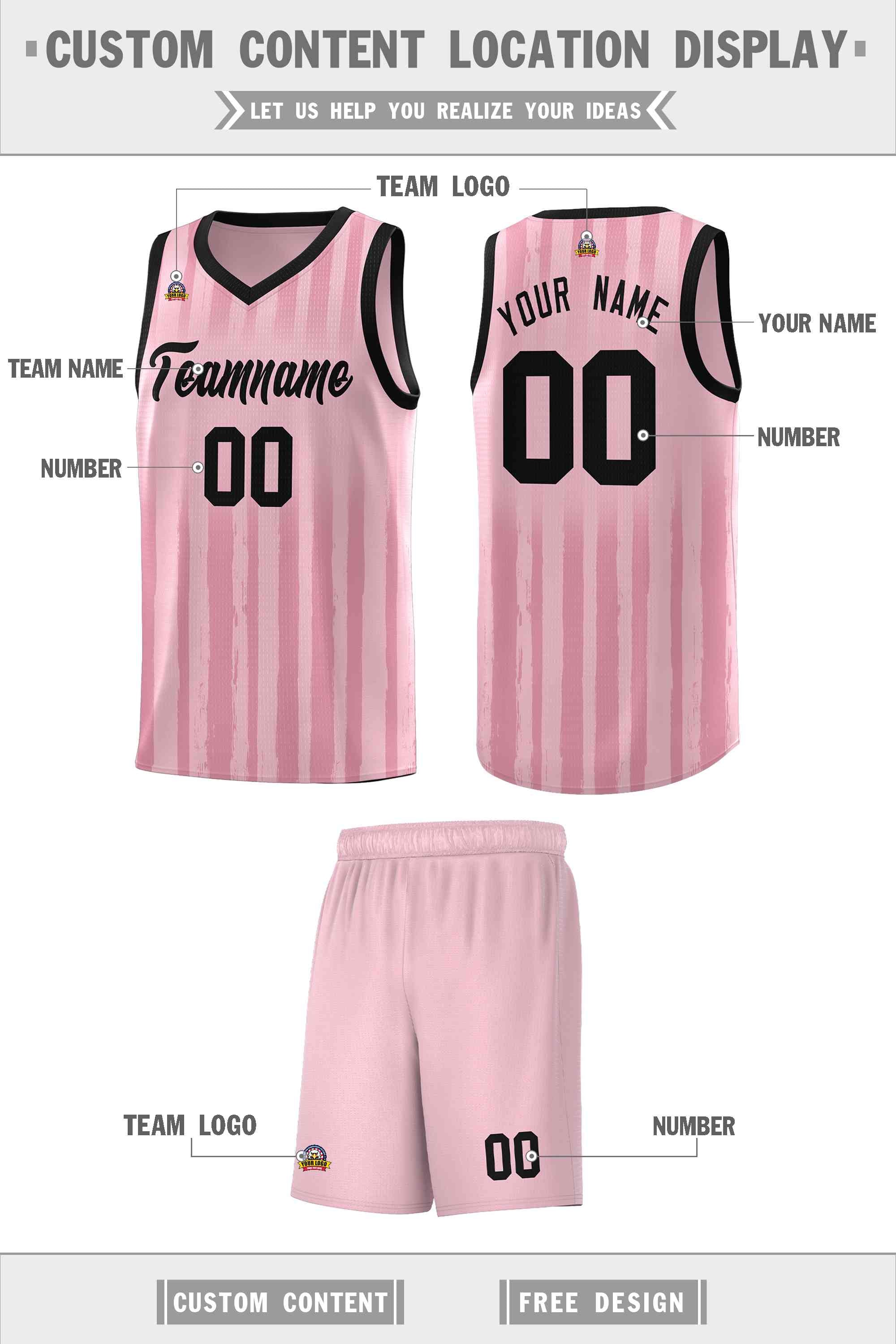 Custom Light Pink Black Vertical Striped Pattern Sports Uniform Basketball Jersey