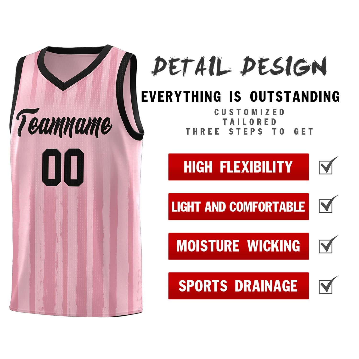 Custom Light Pink Black Vertical Striped Pattern Sports Uniform Basketball Jersey