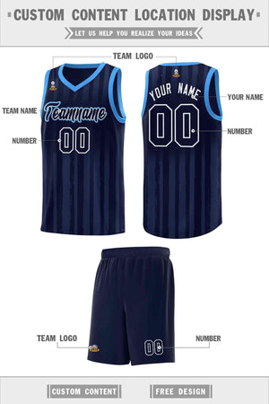 Custom Navy Powder Blue Vertical Striped Pattern Sports Uniform Basketball Jersey