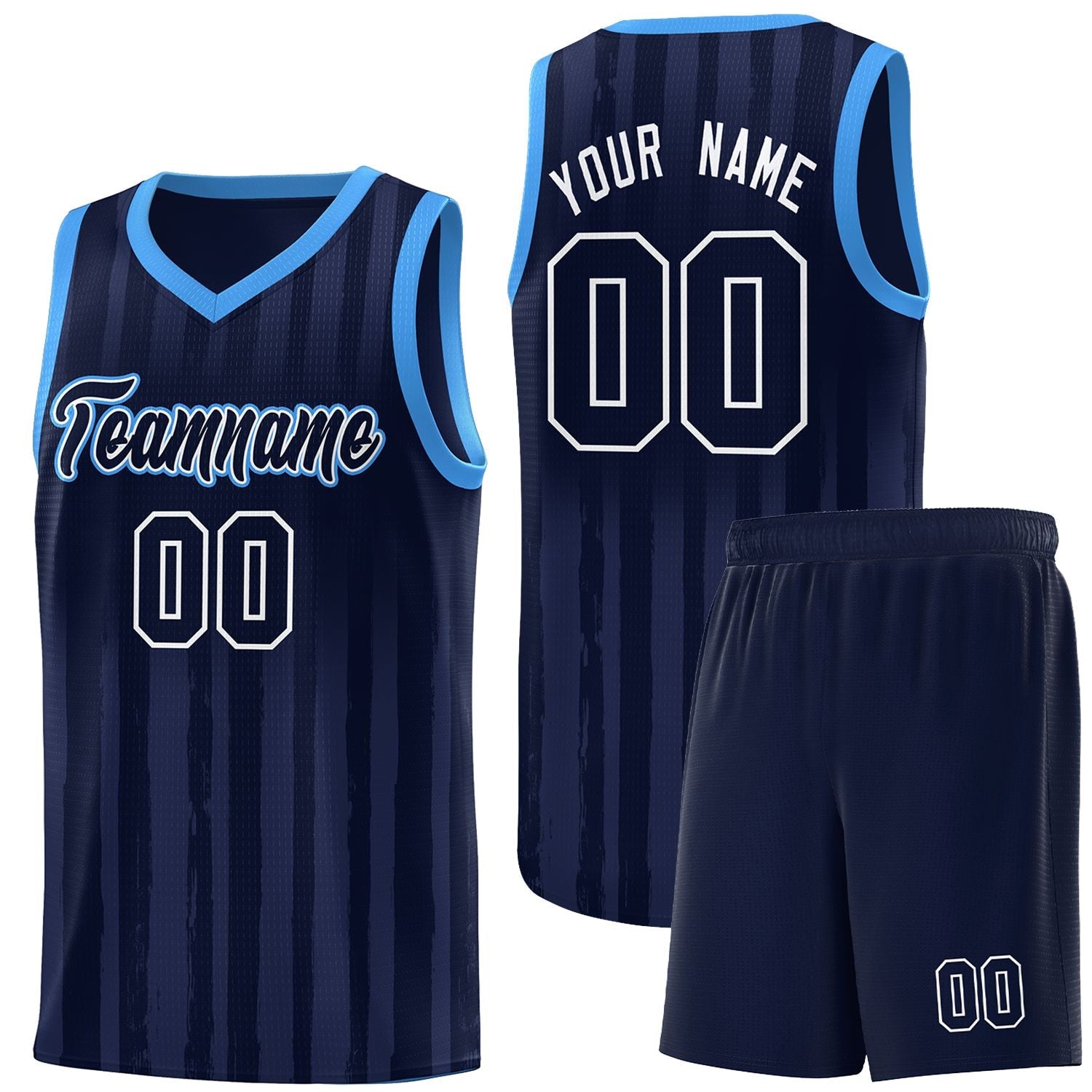 Custom Navy Powder Blue Vertical Striped Pattern Sports Uniform Basketball Jersey