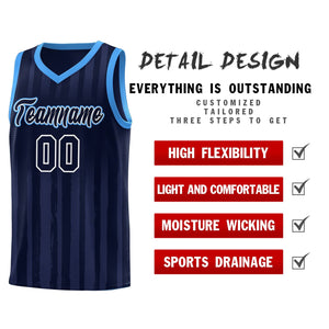 Custom Navy Powder Blue Vertical Striped Pattern Sports Uniform Basketball Jersey