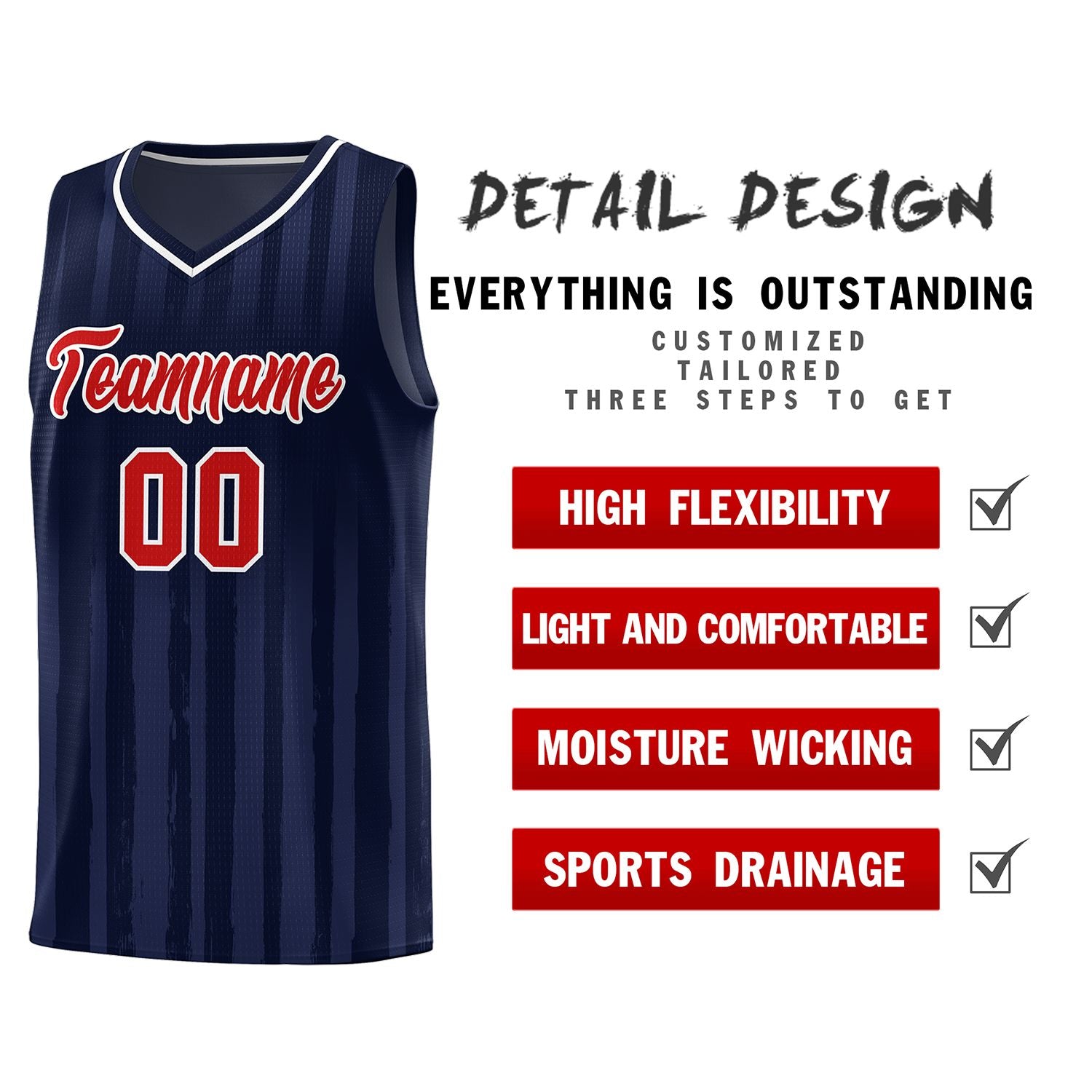 Custom Navy Red Vertical Striped Pattern Sports Uniform Basketball Jersey