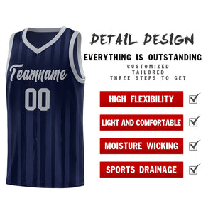 Custom Navy Gray Vertical Striped Pattern Sports Uniform Basketball Jersey