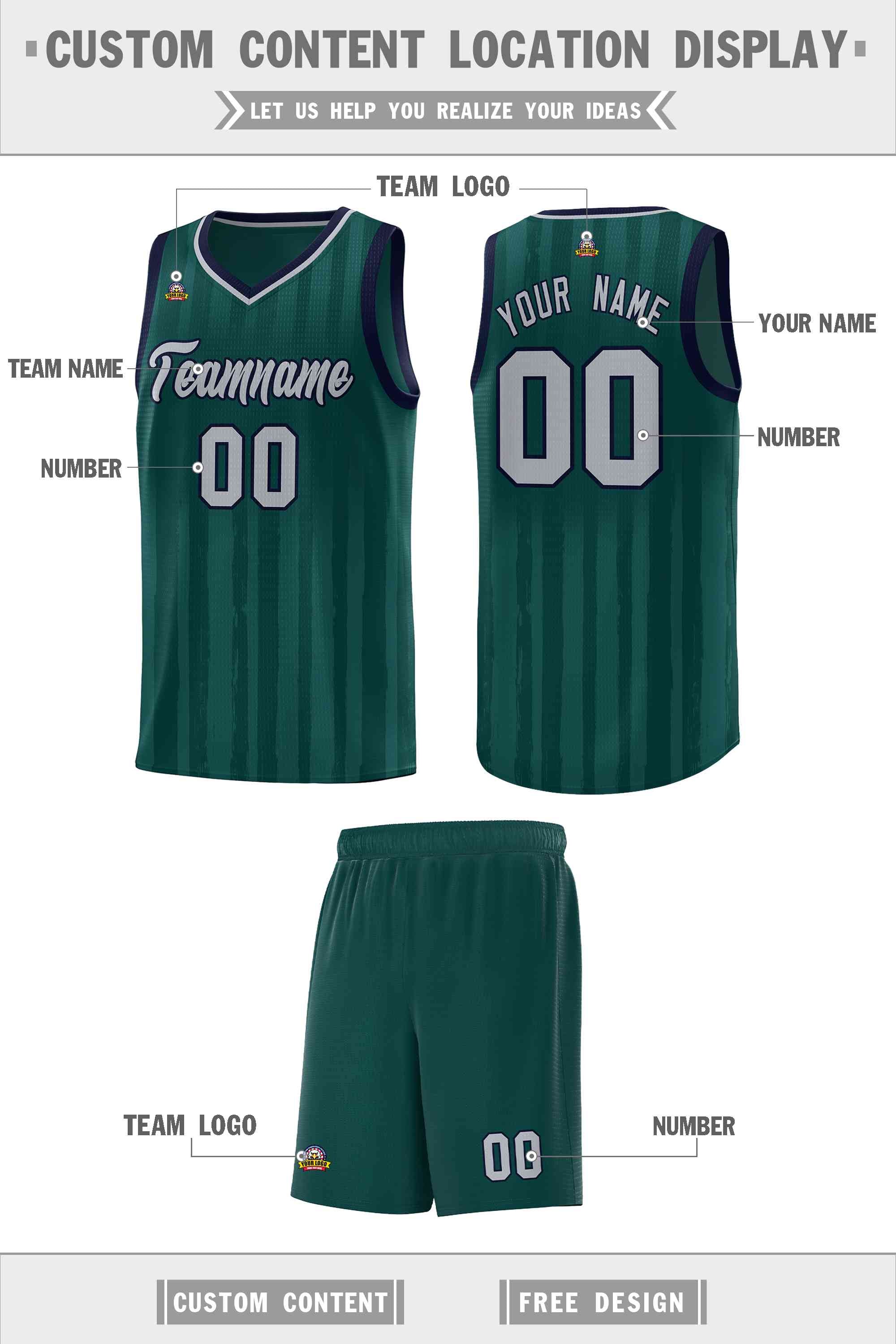 Custom Midnight Green Gray Vertical Striped Pattern Sports Uniform Basketball Jersey