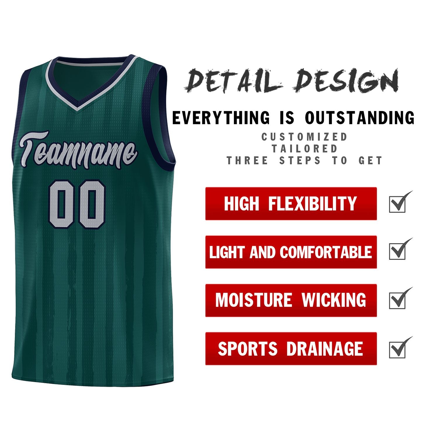 Custom Midnight Green Gray Vertical Striped Pattern Sports Uniform Basketball Jersey