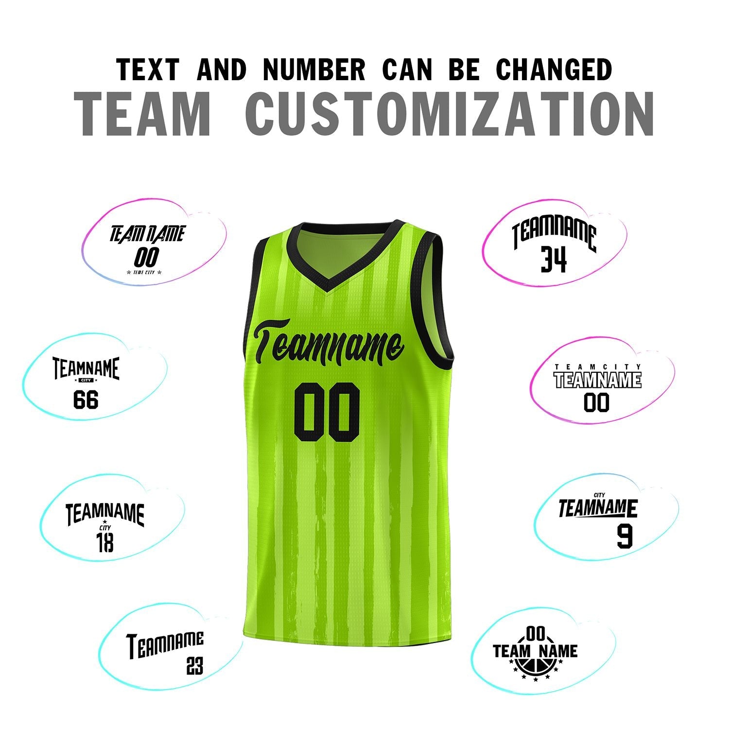 Custom Neon Green Black Vertical Striped Pattern Sports Uniform Basketball Jersey