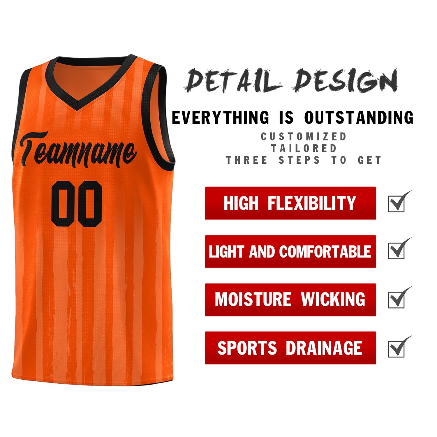 Custom Orange Black Vertical Striped Pattern Sports Uniform Basketball Jersey