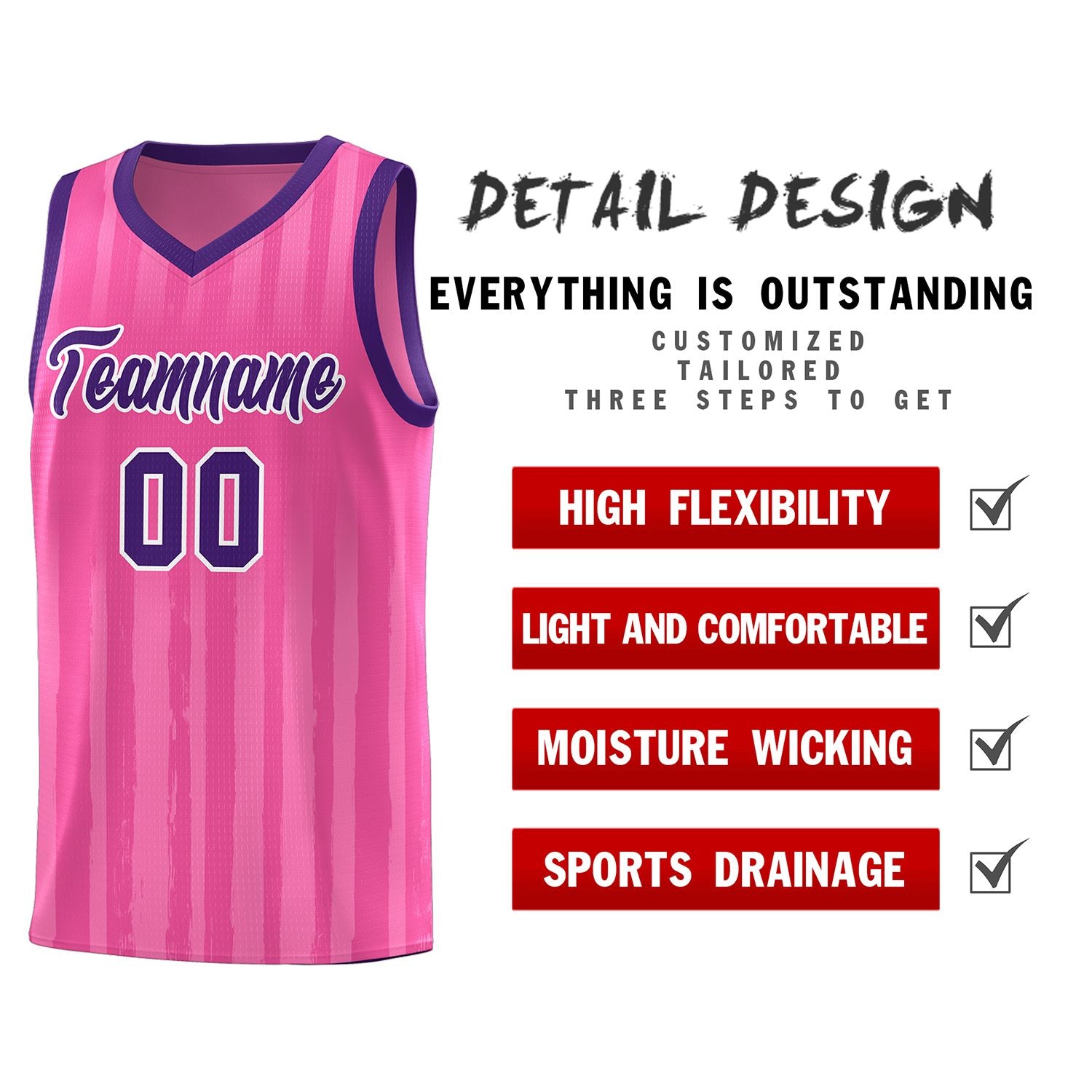 Custom Pink Purple Vertical Striped Pattern Sports Uniform Basketball Jersey