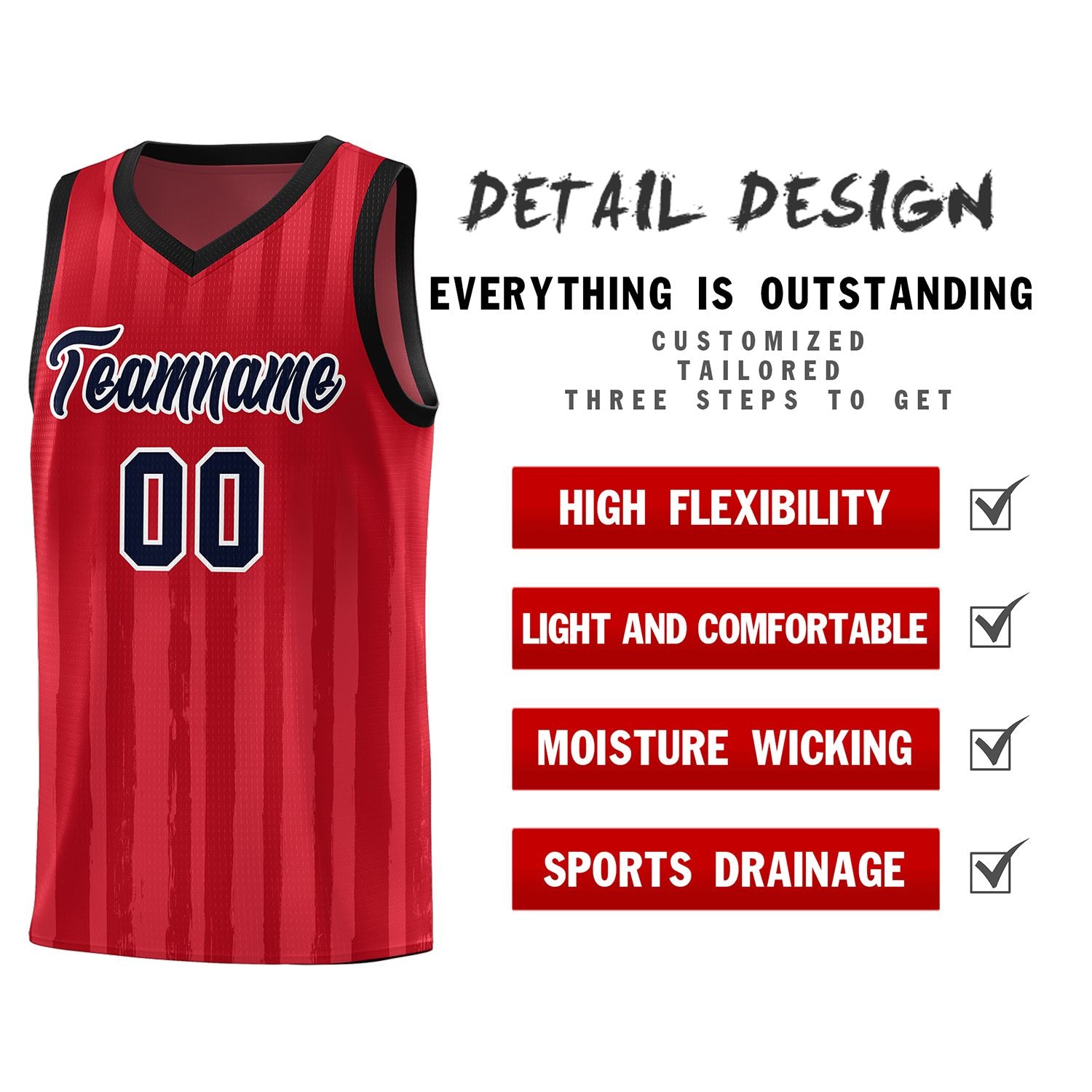 Custom Red Black Vertical Striped Pattern Sports Uniform Basketball Jersey