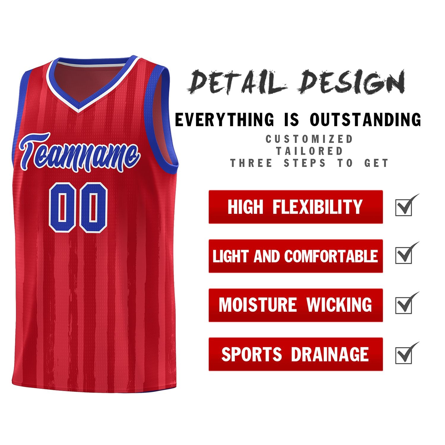 Custom Red Royal Vertical Striped Pattern Sports Uniform Basketball Jersey