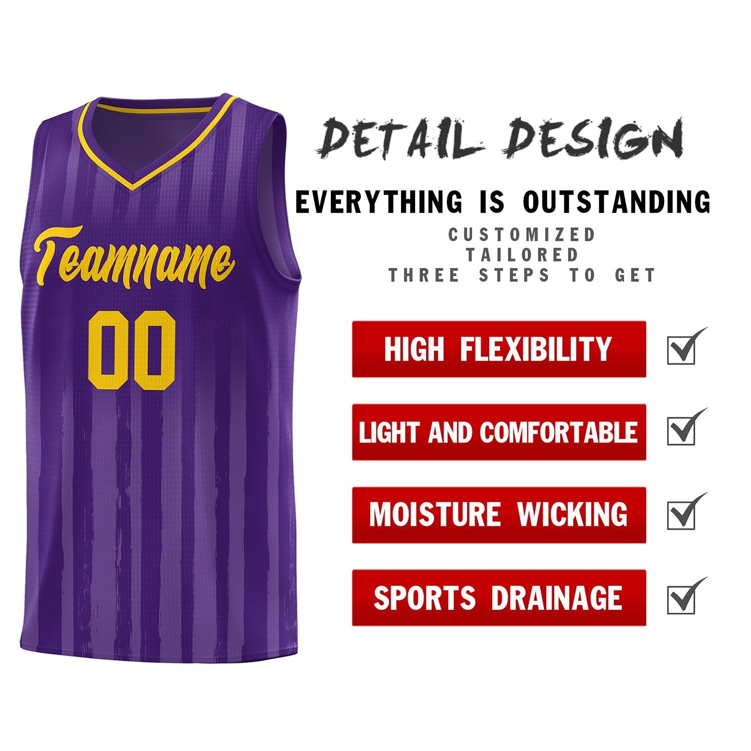 Custom Purple Gold Vertical Striped Pattern Sports Uniform Basketball Jersey