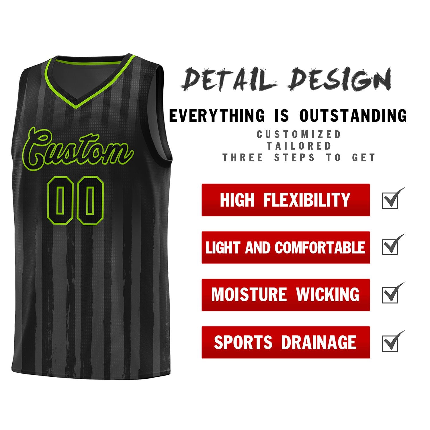 Custom Black Neon Green Vertical Striped Pattern Sports Uniform Basketball Jersey