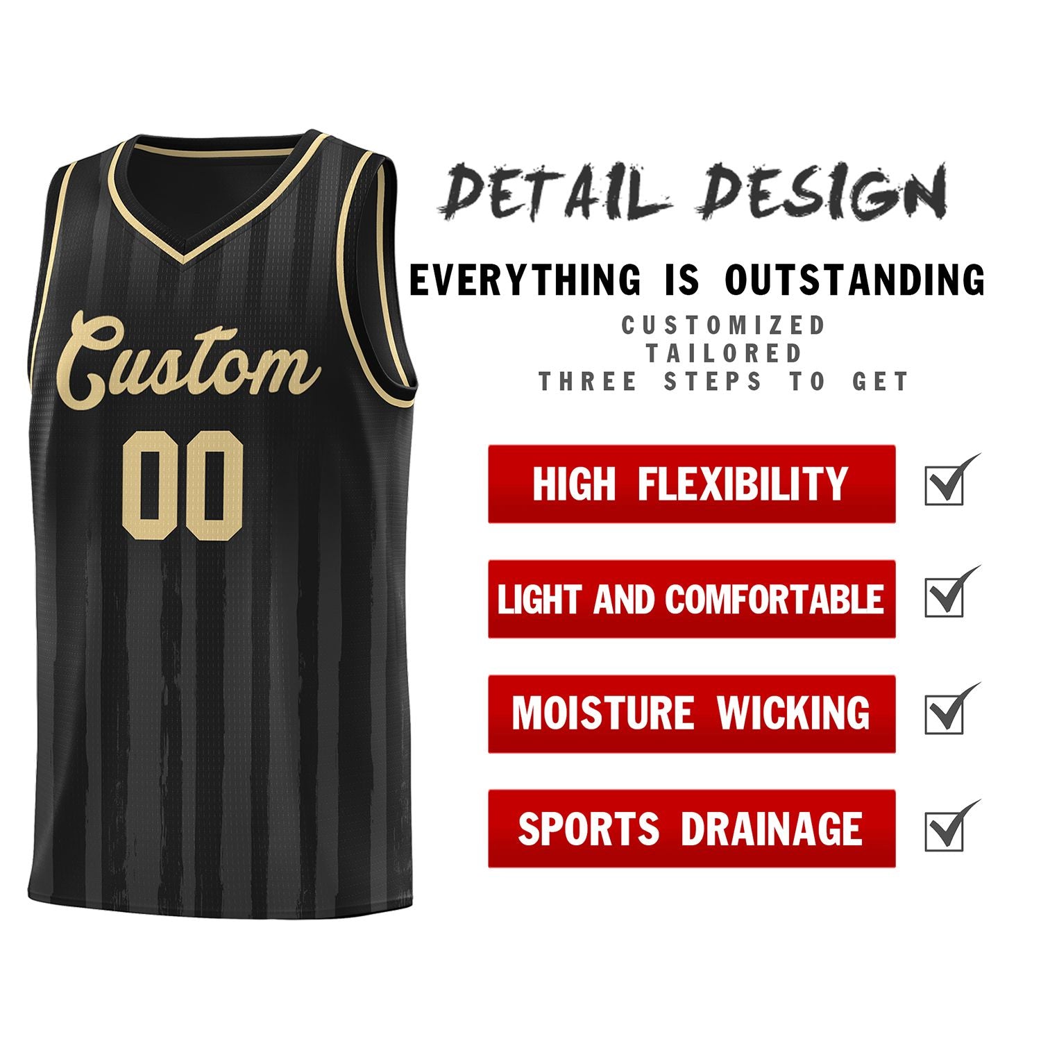 Custom Black Khaki Vertical Striped Pattern Sports Uniform Basketball Jersey