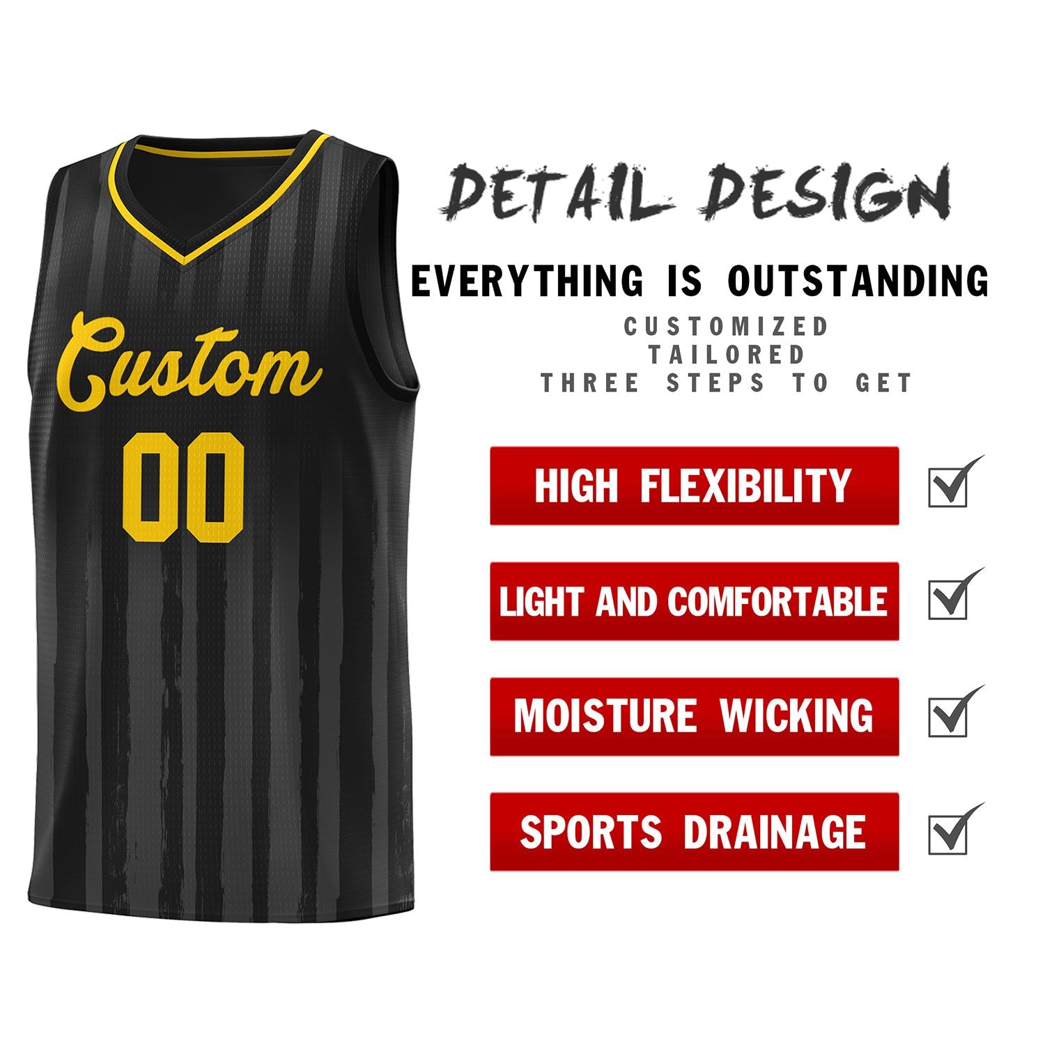 Custom Black Gold Vertical Striped Pattern Sports Uniform Basketball Jersey