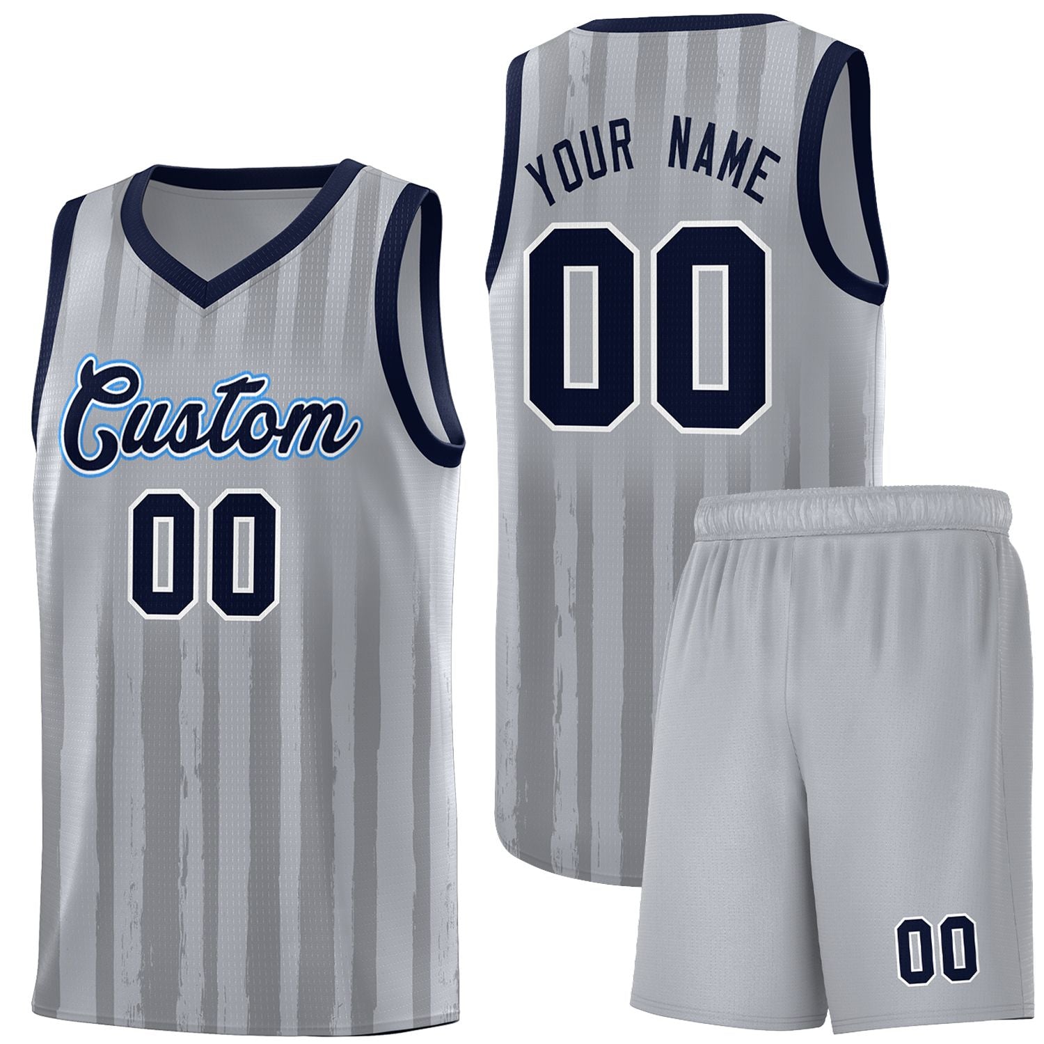 Custom Gray Navy Vertical Striped Pattern Sports Uniform Basketball Jersey