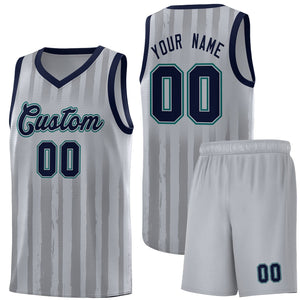 Custom Gray Navy Vertical Striped Pattern Sports Uniform Basketball Jersey