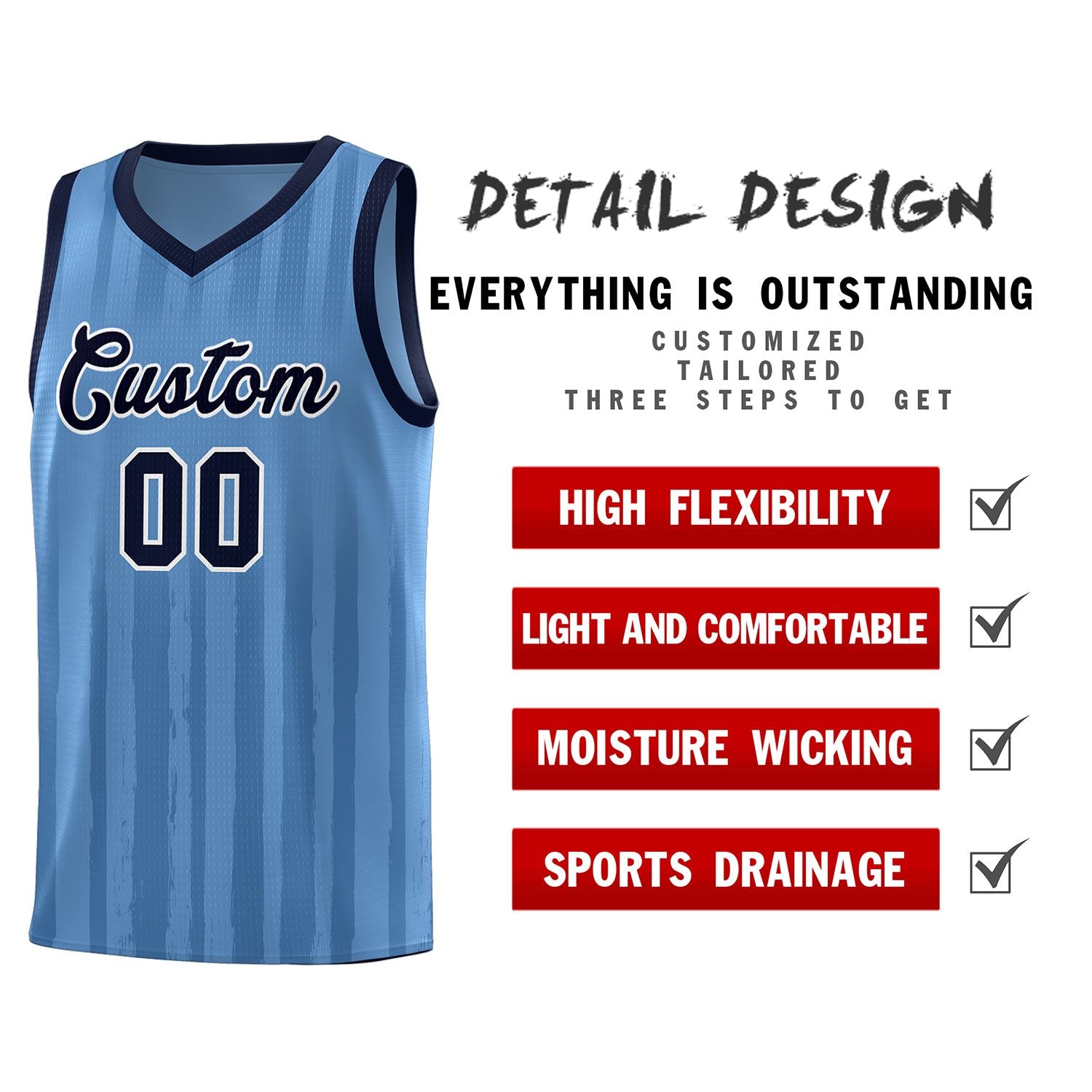 Custom Light Blue Navy Vertical Striped Pattern Sports Uniform Basketball Jersey