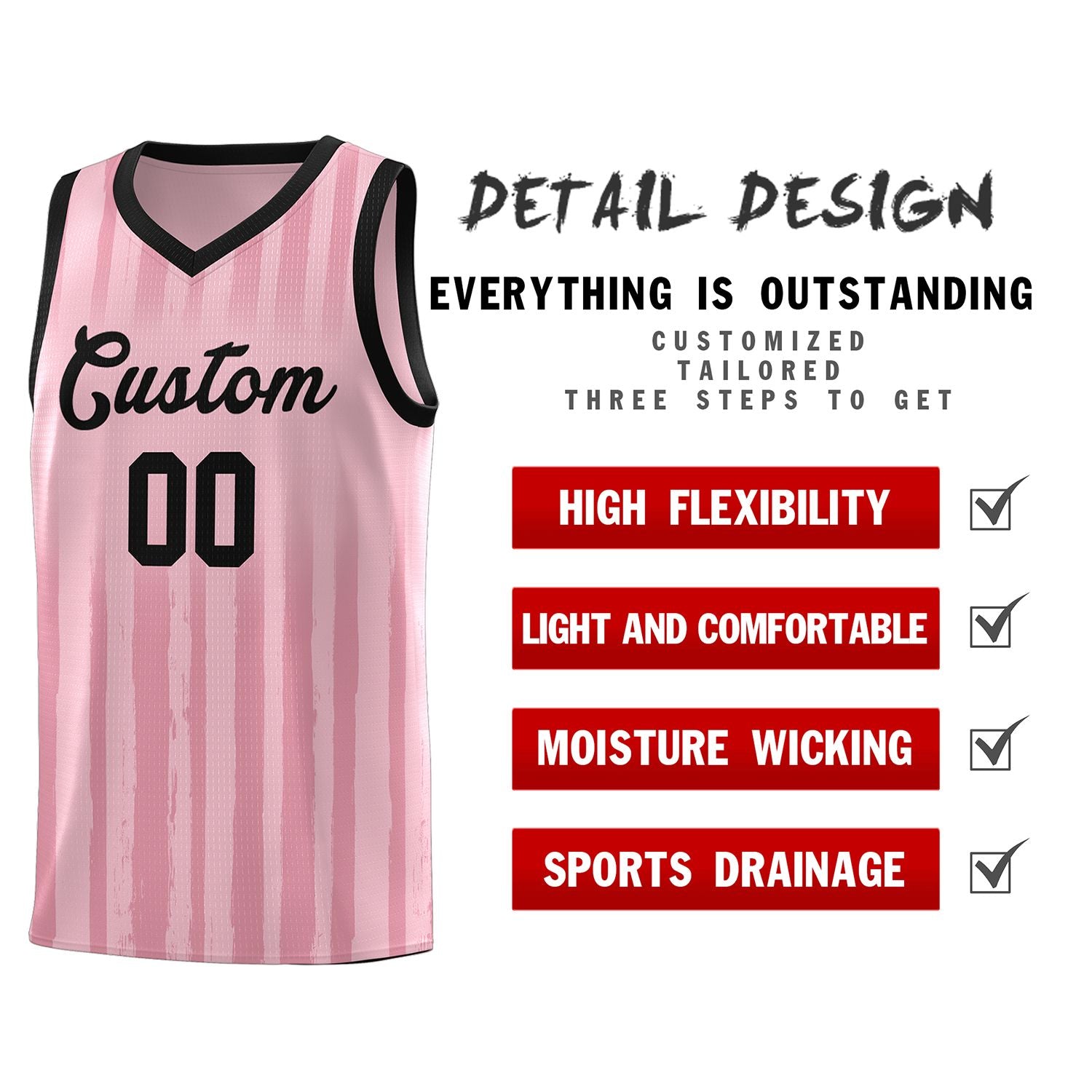 Custom Light Pink Black Vertical Striped Pattern Sports Uniform Basketball Jersey