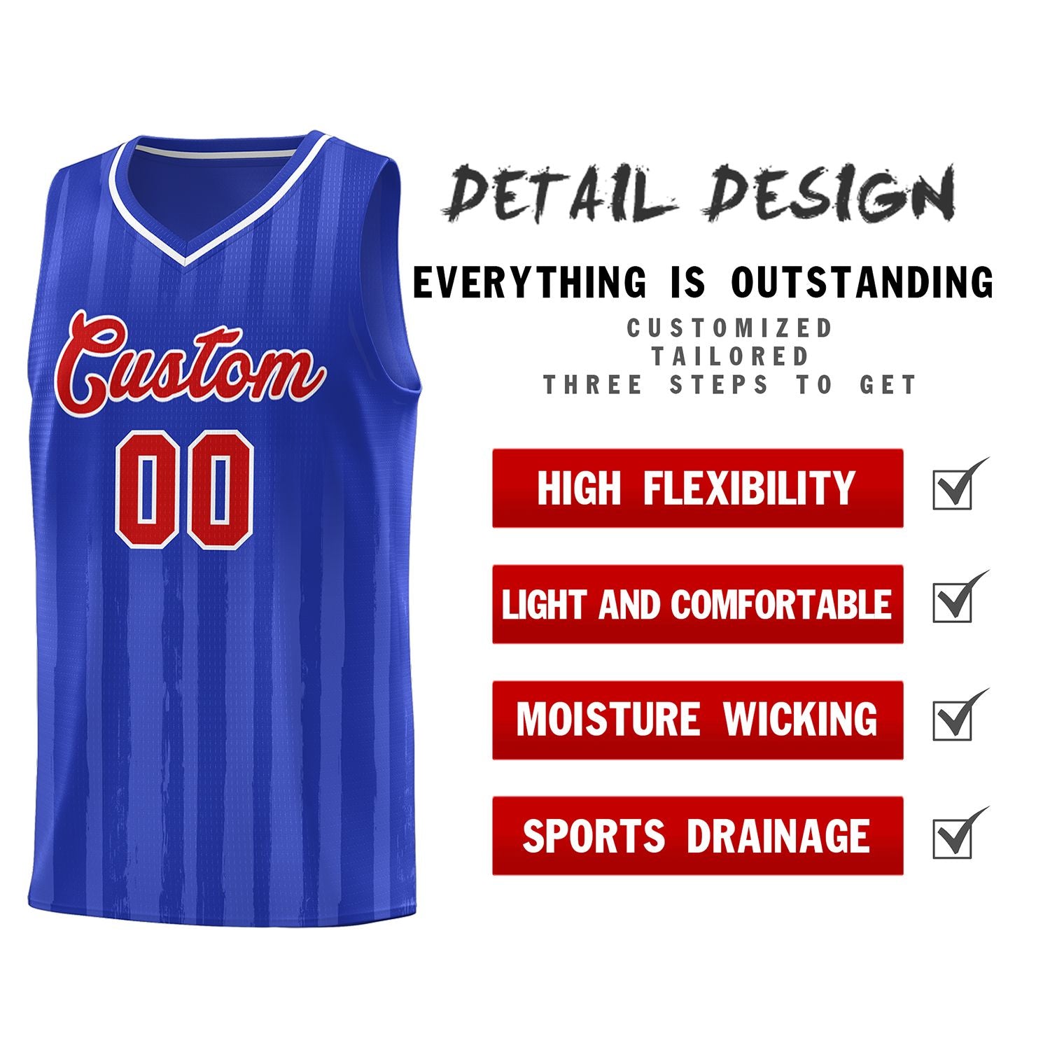 Custom Royal Red Vertical Striped Pattern Sports Uniform Basketball Jersey