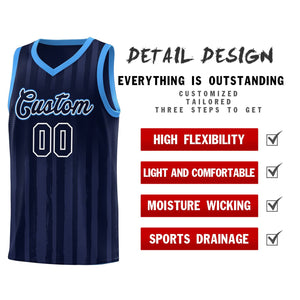 Custom Navy Powder Blue Vertical Striped Pattern Sports Uniform Basketball Jersey