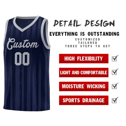 Custom Navy Gray Vertical Striped Pattern Sports Uniform Basketball Jersey