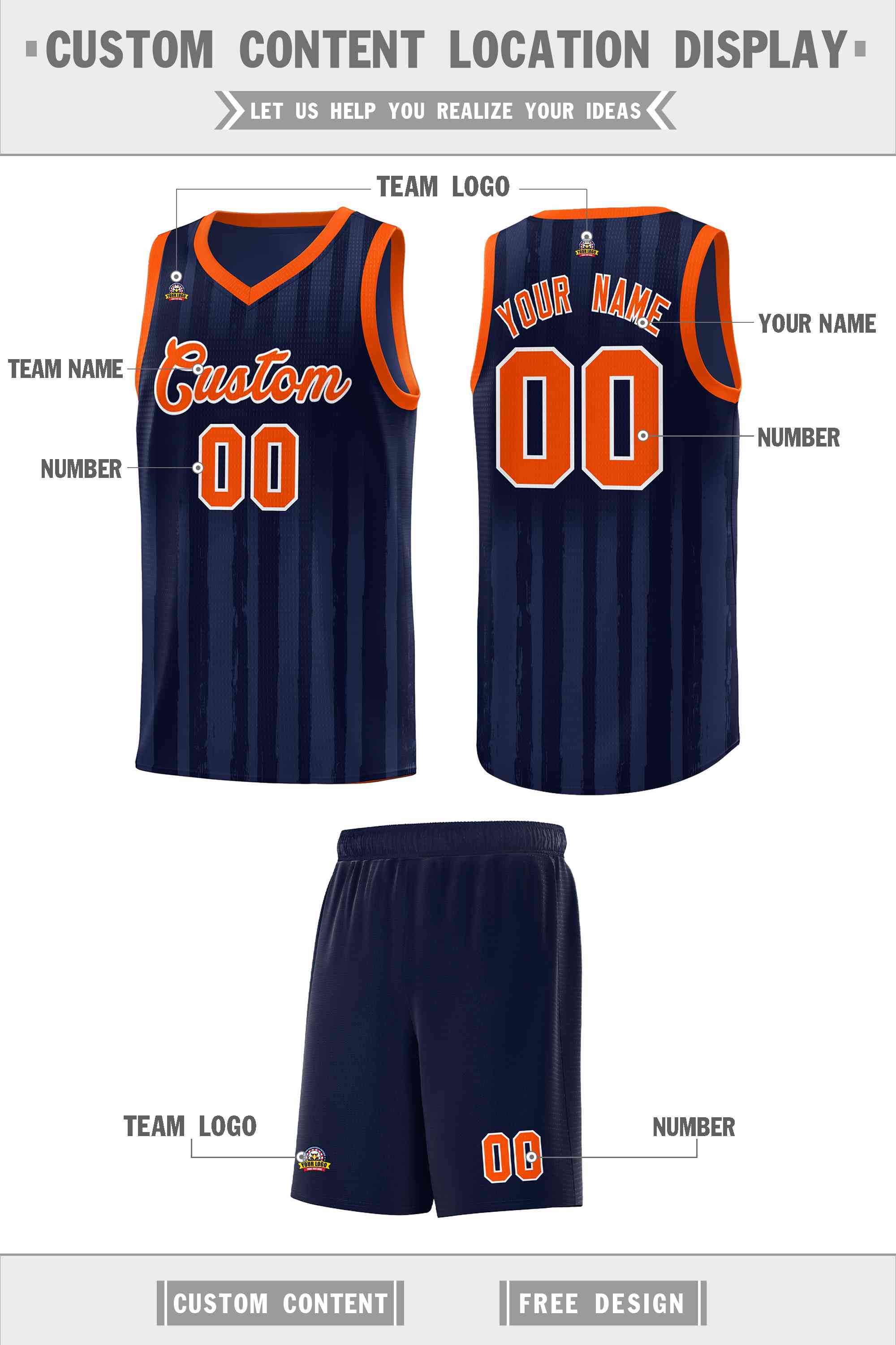 Custom Navy Orange Vertical Striped Pattern Sports Uniform Basketball Jersey