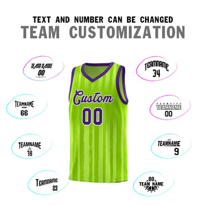 Custom Neon Green Purple Vertical Striped Pattern Sports Uniform Basketball Jersey