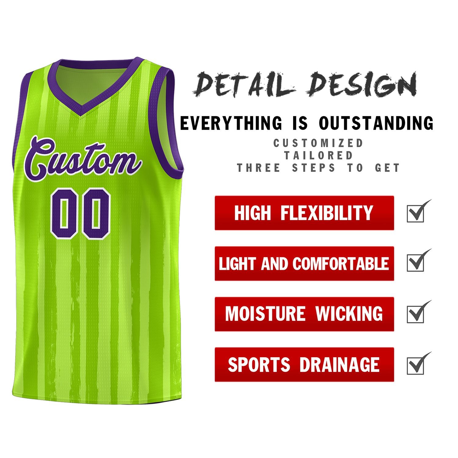 Custom Neon Green Purple Vertical Striped Pattern Sports Uniform Basketball Jersey