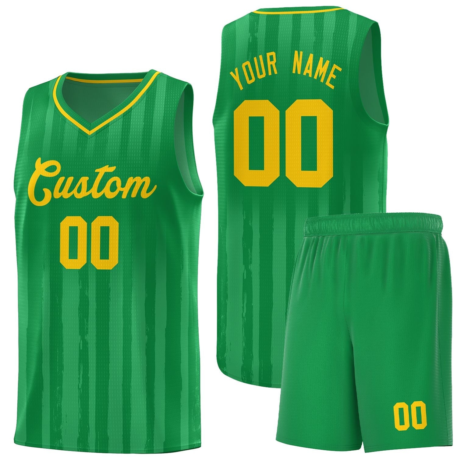 Custom Kelly Green Gold Vertical Striped Pattern Sports Uniform Basketball Jersey