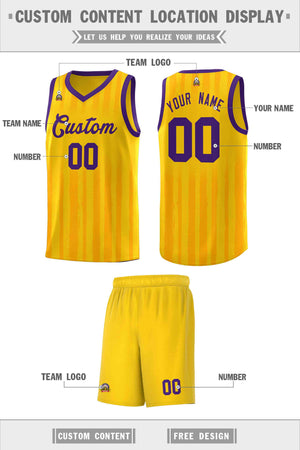 Custom Gold Purple Vertical Striped Pattern Sports Uniform Basketball Jersey