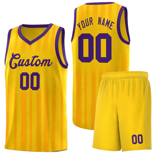 Custom Gold Purple Vertical Striped Pattern Sports Uniform Basketball Jersey