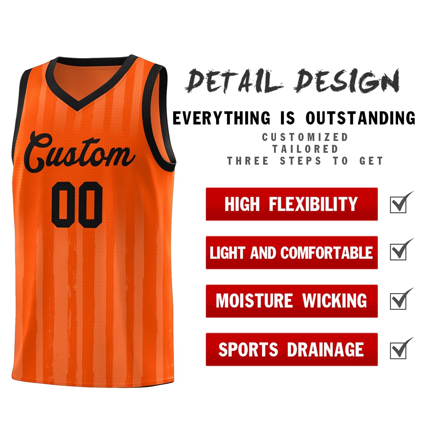 Custom Orange Black Vertical Striped Pattern Sports Uniform Basketball Jersey