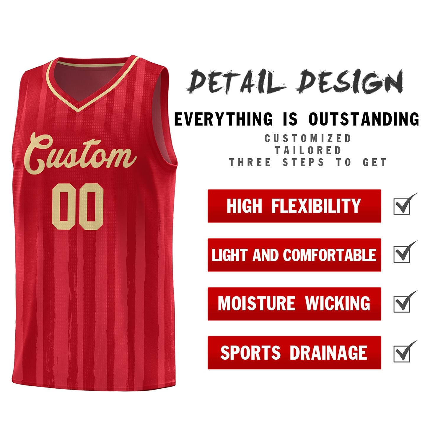 Custom Red Khaki Vertical Striped Pattern Sports Uniform Basketball Jersey