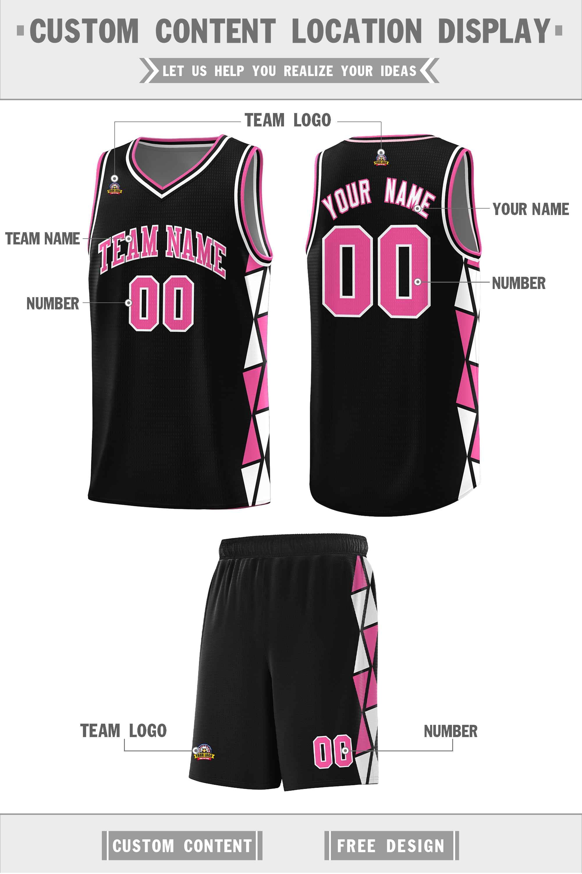 Custom Black Pink-White Side Two-Color Triangle Splicing Sports Uniform Basketball Jersey