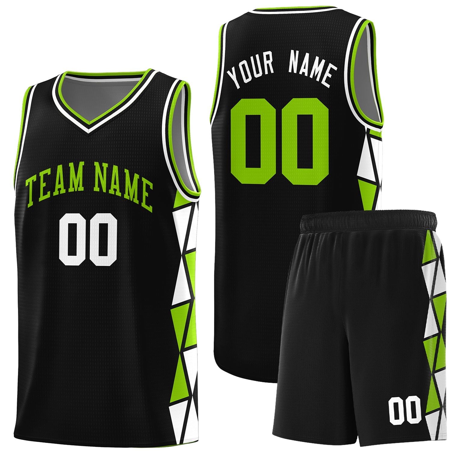 Custom Black Neon Green-White Side Two-Color Triangle Splicing Sports Uniform Basketball Jersey