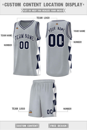 Custom Gray Navy-White Side Two-Color Triangle Splicing Sports Uniform Basketball Jersey