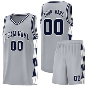 Custom Gray Navy-White Side Two-Color Triangle Splicing Sports Uniform Basketball Jersey