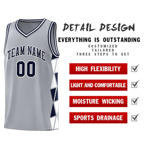 Custom Gray Navy-White Side Two-Color Triangle Splicing Sports Uniform Basketball Jersey